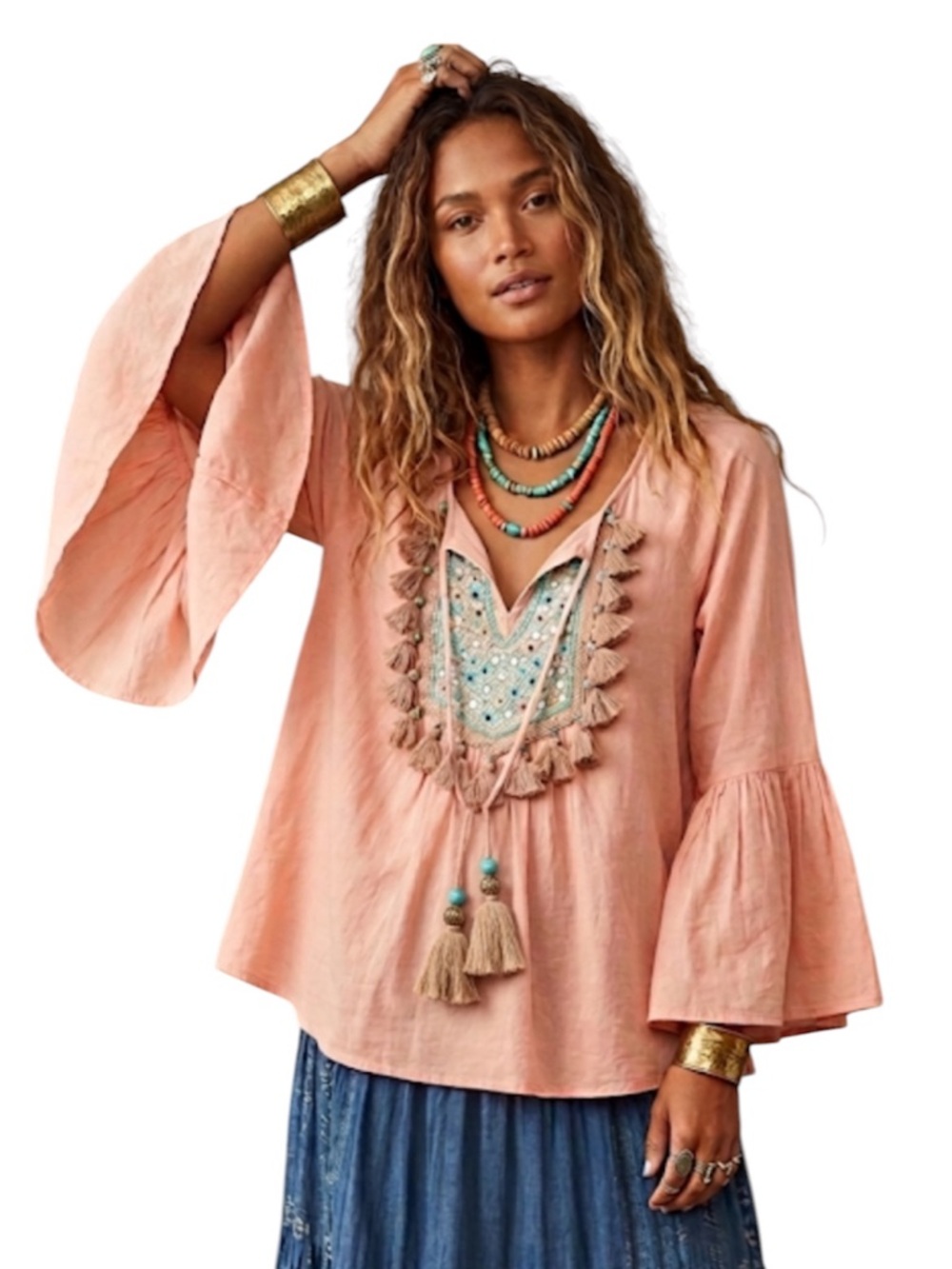 Lilly Pulitzer Shandy Top Sandstone Peach Embroidered Tassel Bell Sleeve S